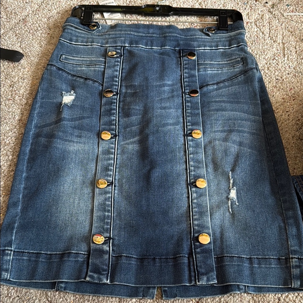 bebe Blue Denim Pencil Skirt with Gold Buttons